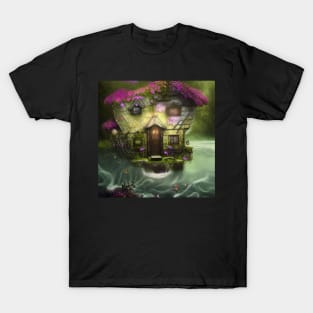 Sparkling Fantasy Cottage with Lights and Glitter Background in Forest, Scenery Nature T-Shirt